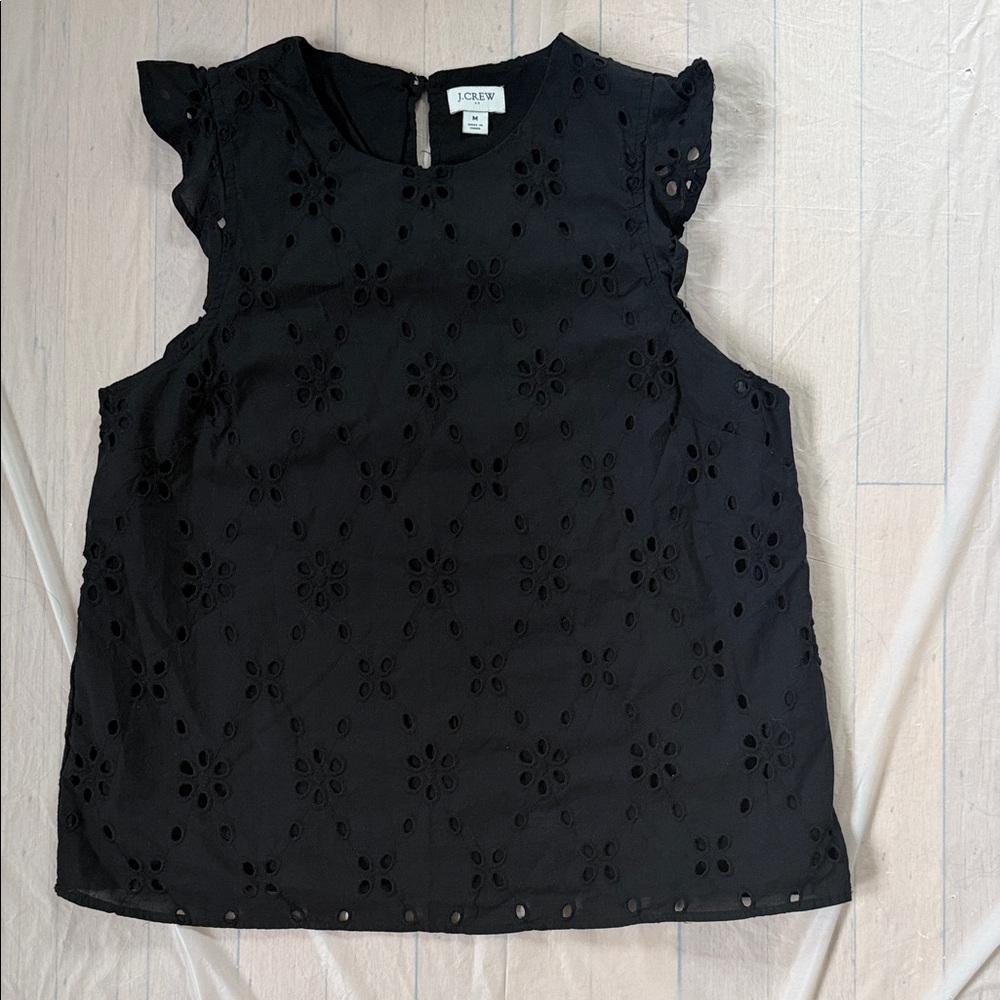 J. Crew Black Eyelet Flutter Sleeve Blouse